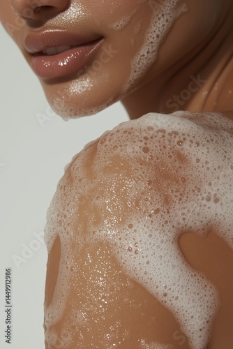 Light soap suds covering a woman's shoulder, smooth natural skin texture, close-up.