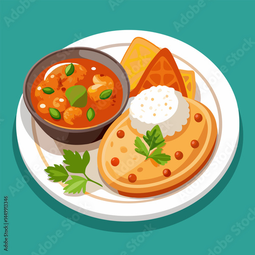 South Indian Cuisine. Masala Dosa with Vegetable Curry and Rice