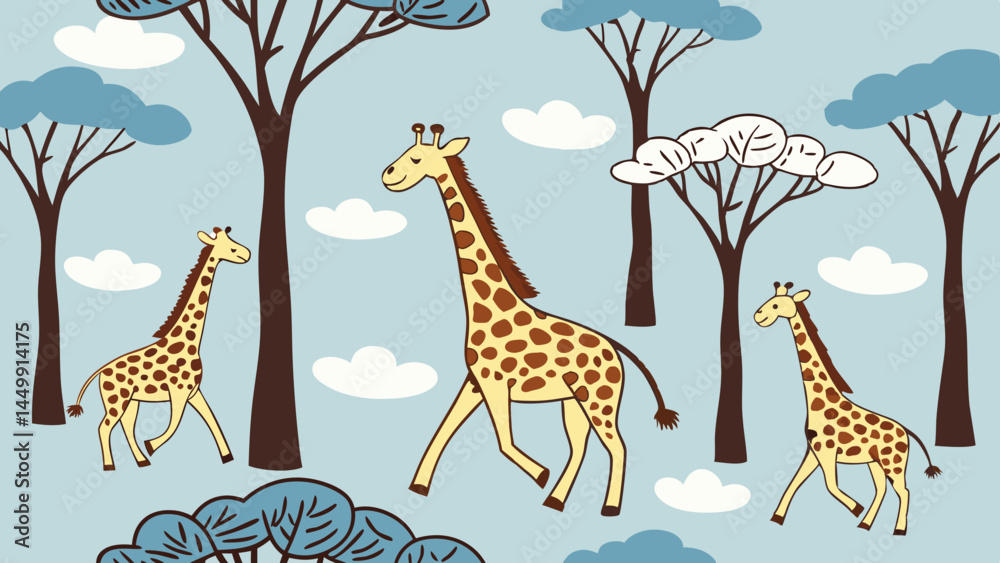Obraz premium Repeating Giraffe Pattern with Trees and Clouds