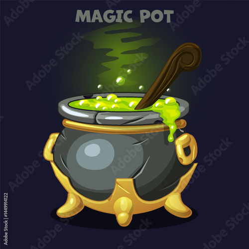 Cartoon pot with Magic potion. Spooky witch caldron with green magic soup in cartoon style isolated. Ui asset, lab game, witchcraft object