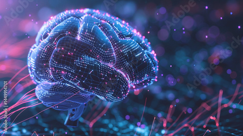 A glowing neural network forms the shape of a human brain, illuminated by vibrant orange and blue data streams, representing the power of artificial intelligence and interconnected thought.