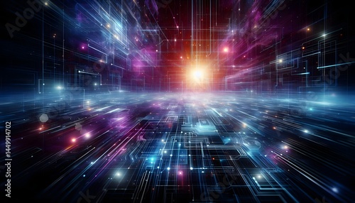 Wallpaper Mural Futuristic abstract background with glowing neon lines and digital grid, dark blue and purple tones, high-tech style  Torontodigital.ca