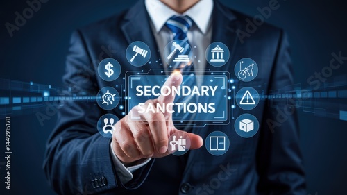 Businessperson interacts with a digital tablet displaying secondary sanctions.