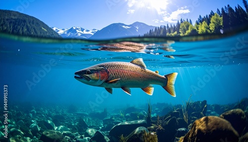 Una vibrante puesta de sol proyecta rayos dorados que brillan sobre la serena superficie de un lago cristalino. Un llamativo pez rojo y amarillo se desliza con gracia por el agua