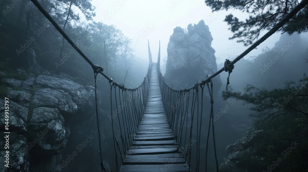 Fototapeta premium Misty Mountain Rope Bridge: A Journey into the Unknown