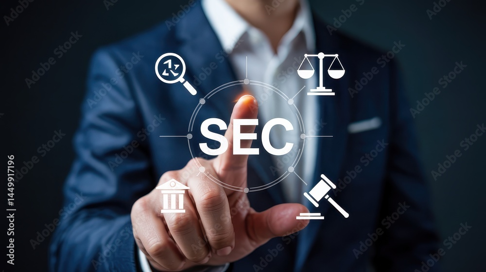 Businessman interacts with digital symbols related to securities regulations. Businessman interacts with digital symbols related to securities regulations.