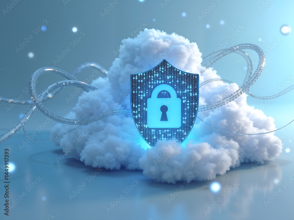 Cloud security illustration with lock icon floating in digital cloud. Generative AI