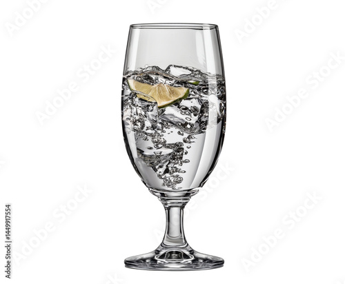 Mineral water with lemon in a glass with white background