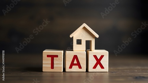 Wooden House Model on Tax Blocks Concept of Property Tax and Real Estate Investment