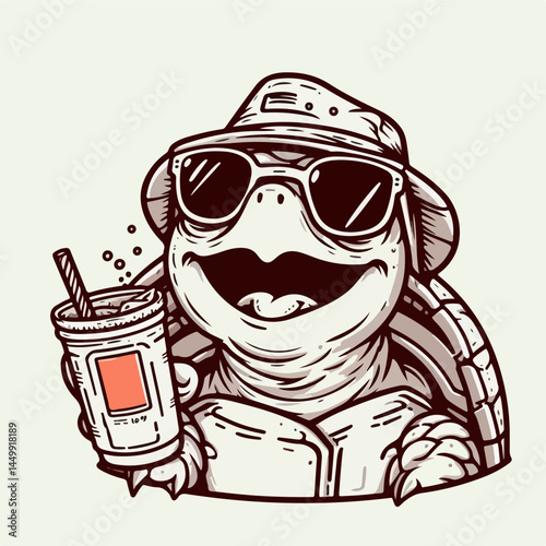 Cool Turtle's Drink Break: A happy turtle wearing stylish sunglasses and a sunhat, clutches a cold drink in his hand, projecting the mood of leisure and fun.
