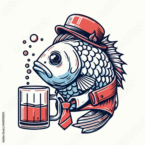 Fish with a Pint:  A whimsical illustration of a dapper fish, sporting a fedora, tie and a red jacket,  raising a glass of beer, symbolizing a day of relaxing and enjoying the finer things.  
