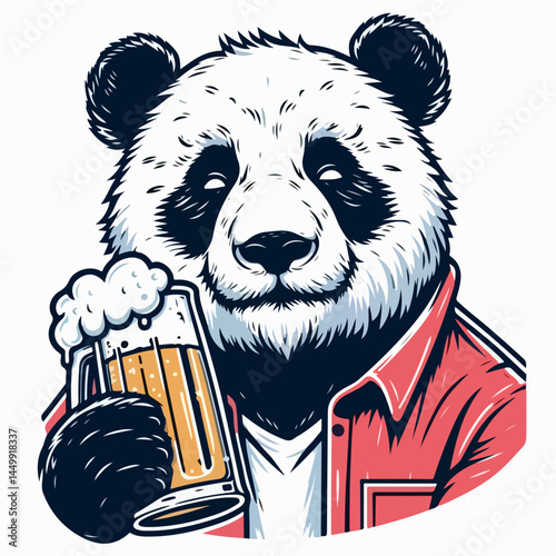 Panda with Beer: A charming illustration depicts a cheerful panda, sporting a relaxed style, holding a glass of beer in a lighthearted, friendly pose, embracing moments of joy.