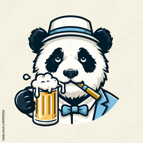 Panda with Beer and Cigar: A stylish panda, adorned with a hat, bow tie, and suit, enjoys a frosty mug of beer and a cigar, embodying the image of a relaxed and confident gentleman.  