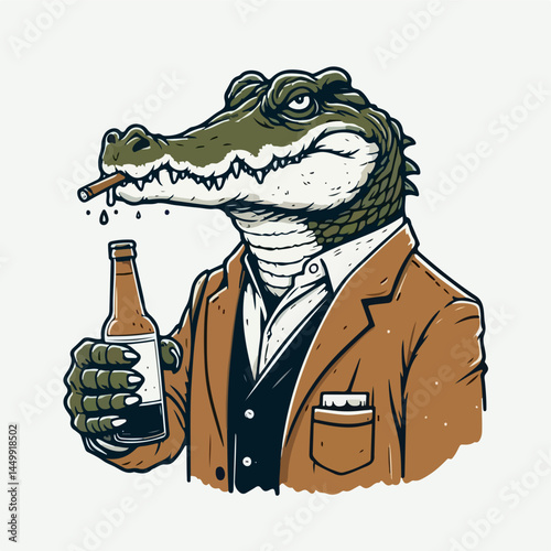 Sophisticated Alligator: A sharply dressed alligator, radiating an air of confident cool, casually sips from a bottle while enjoying a cigar.