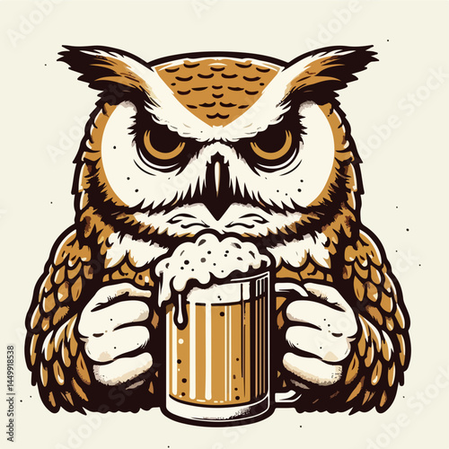Owl with Beer: This captivating artwork showcases a majestic owl holding a brimming beer mug, embodying a unique fusion of the animal kingdom and the pleasures of a refreshing beverage.