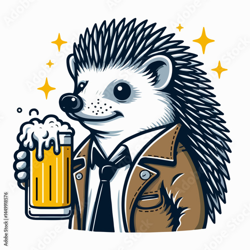 Hedgehog with beer: This illustration captures a dapper hedgehog, dressed in a smart jacket, holding a refreshing glass of beer with cheerful sparkles in the background, suggesting a lighthearted.
