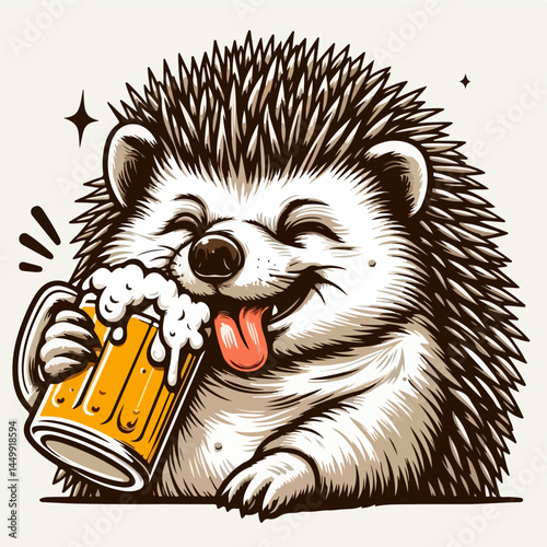Hedgehog with Beer: An adorable hedgehog enjoys a refreshing beer, showcasing a charming cartoon illustration in a whimsical moment of merriment and joy.