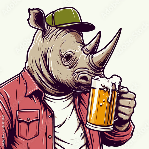 Rhino Drinking Beer: A charismatic rhinoceros, adorned with a cap and open shirt, casually sips from a glass of frothy beer, embodying the essence of relaxation and unconventional enjoyment.
