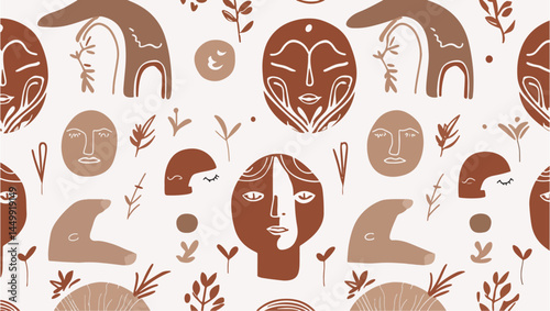 Boho Minimalist Seamless Pattern – Hand-Drawn Arches, Moons & Abstract Faces in Neutral Terracotta Palette (Vector )