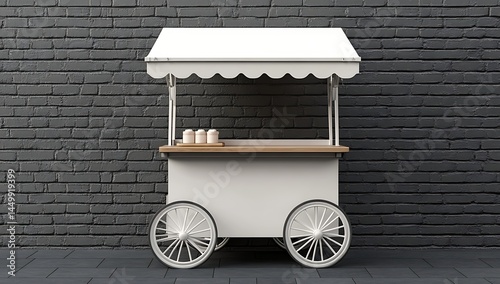 3D render of a white ice cream cart on wheels with an awning, empty space for a design mockup, on a grey brick wall background