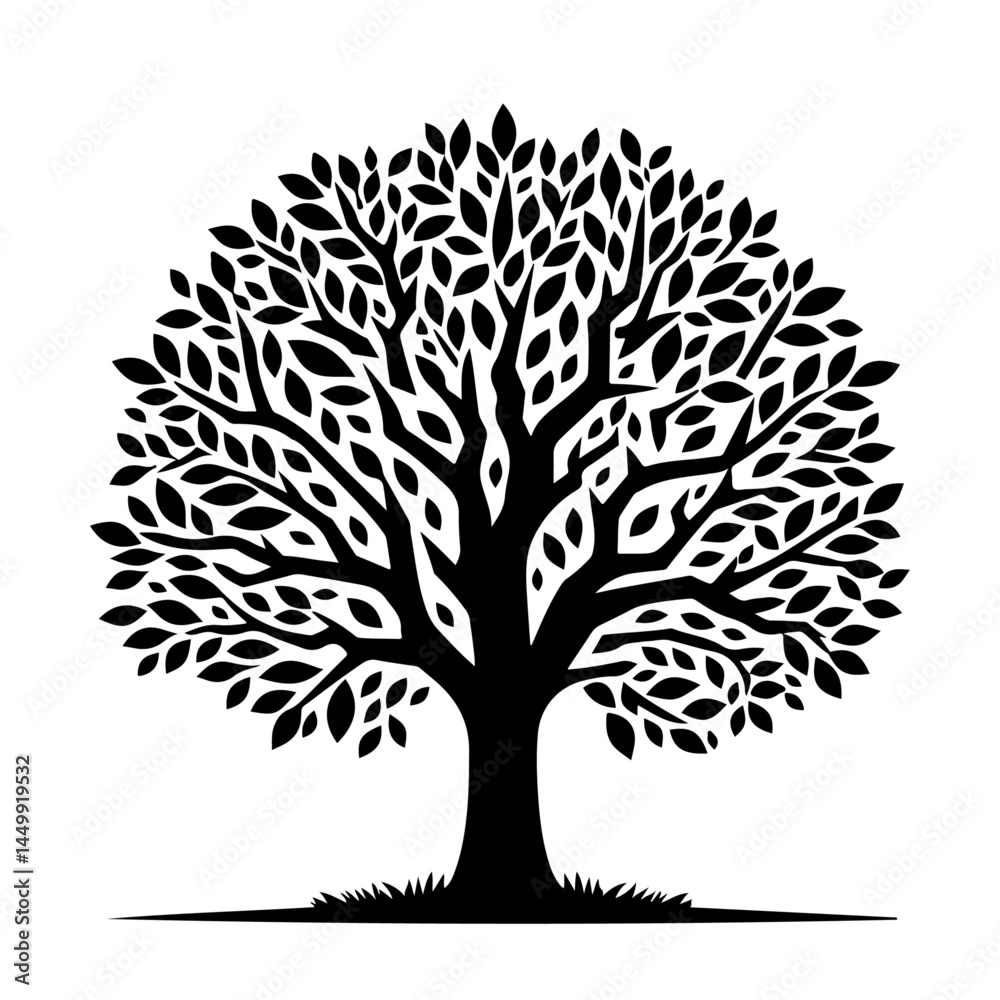 Naklejka premium Tree Silhouette with Round Foliage and Grass Base