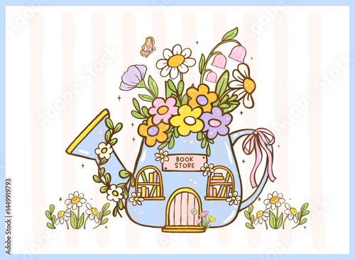 Cute Pastel Bookish Spring Reading Bookstore watering can shaped Cartoon Doodle Illustration