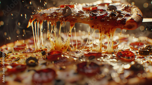 A delicious slice of creamy, cheese-smothered pizza is lifted, revealing a tantalizing glimpse of the savory toppings and a crust that promises a satisfying bite.
