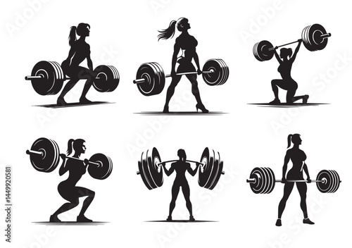 Weightlifting, woman lifting big barbell, bodybuilding Silhouette Vector Set