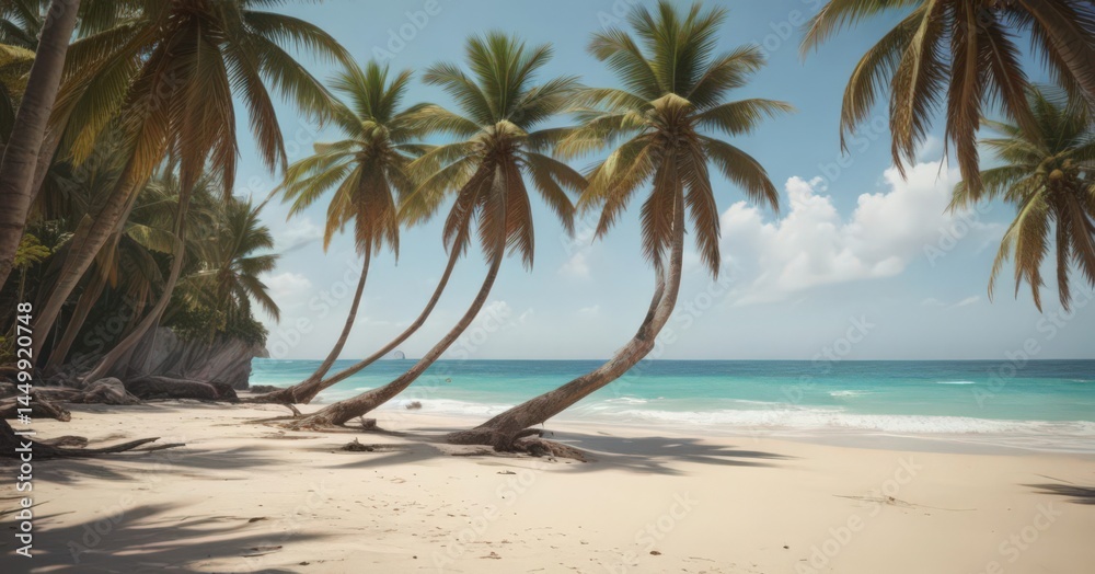 Obraz premium Distressed film effect on a tropical beach scene with swaying palm trees , waves, vintage