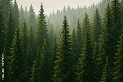 Lush evergreen forest landscape view.