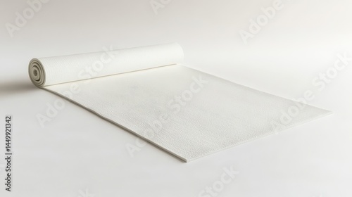 Rolled white yoga mat on smooth surface, ideal for fitness sessions