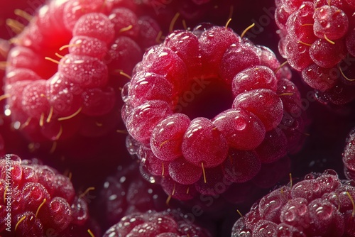  Close-up of fresh raspberries with visible moisture, vibrant red texture pops under soft lighting, showcasing natural fruity detail.