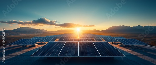 Rooftop solar panels at sunset