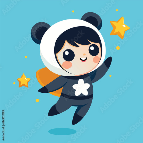Discover our charming flat illustration of a boy dressed in a panda costume, joyfully floating alongside a star. This whimsical and imaginative design is perfect for children's books, themed merchandi