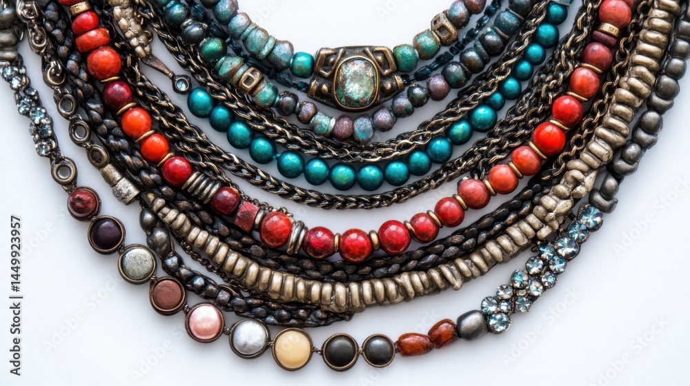 Obraz premium Layered necklaces with mixed metals arranged artistically on white background