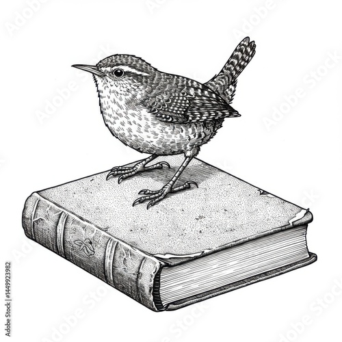 Engraved-style wren perched on vintage book, detailed monochrome bird sticker with white background