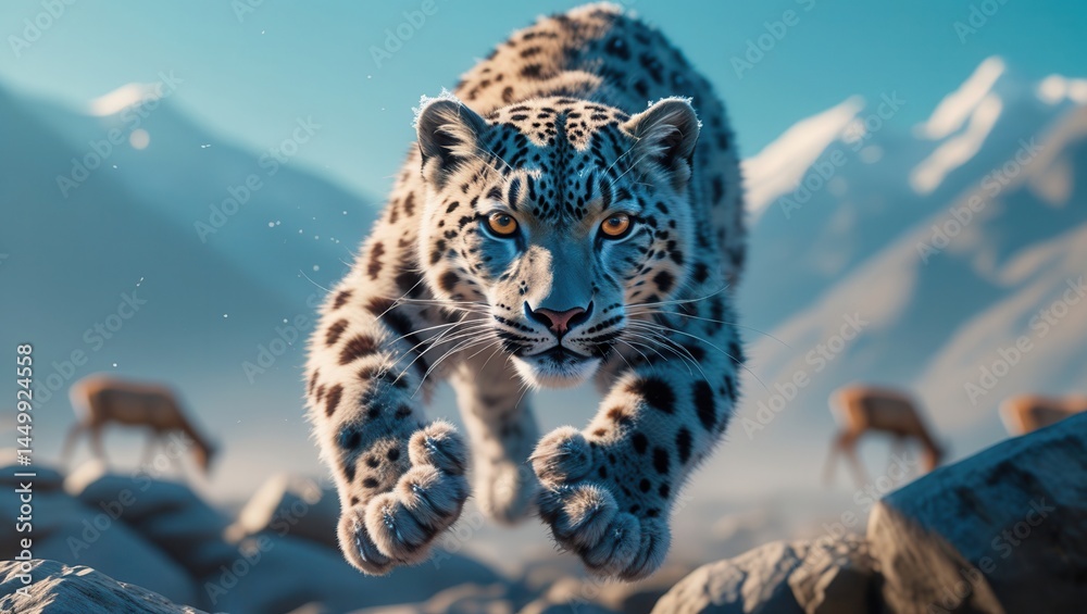 Snow leopard leaping towards the camera in a mountainous landscape with grazing deer in the background