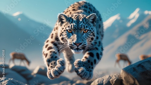 Obraz na płótnie Snow leopard leaping towards the camera in a mountainous landscape with grazing deer in the background w salonie