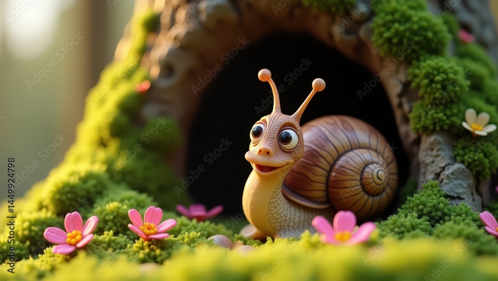 Cute cartoon snail in a vibrant forest setting surrounded by moss and pink flowers near a tree hollow