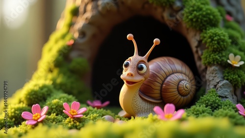 Obraz na płótnie Cute cartoon snail in a vibrant forest setting surrounded by moss and pink flowers near a tree hollow w salonie