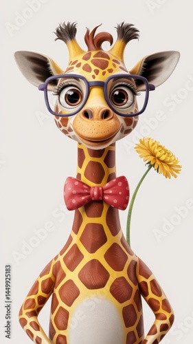 Obraz na płótnie Cute cartoon giraffe wearing glasses and a red polka dot bow tie holding a yellow flower on a light background w salonie