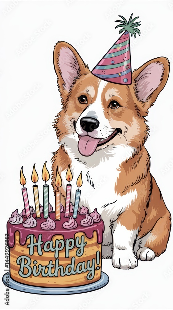 Cute corgi wearing a party hat with a birthday cake and lit candles featuring text