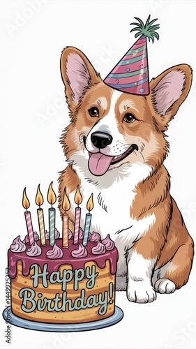 Obraz na płótnie Cute corgi wearing a party hat with a birthday cake and lit candles featuring text