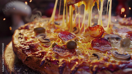 A delicious slice of creamy, cheese-smothered pizza is lifted, revealing a tantalizing glimpse of the savory toppings and a crust that promises a satisfying bite.