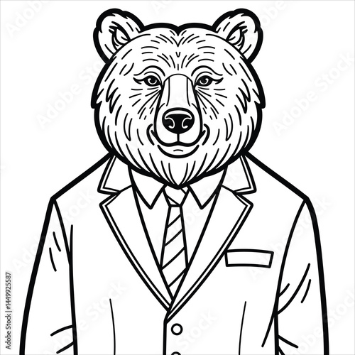 Anthropomorphic bear wearing a business suit. Vector illustration for coloring book