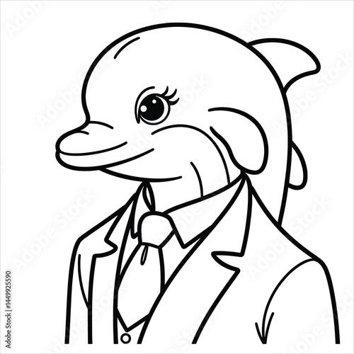 Anthropomorphic dolphin smartly dressed for work. Vector illustration for coloring book