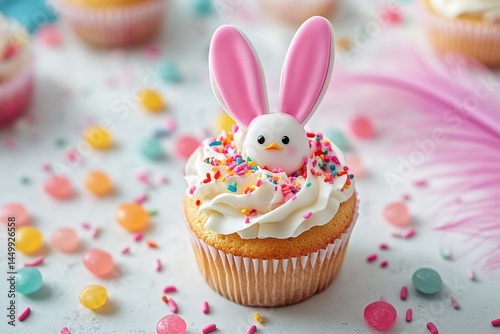  Easter cupcake topped with bunny ears decoration whipped cream colorful sprinkles surrounded by candy pieces and pink feather on table
