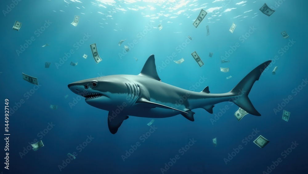 Shark swimming underwater surrounded by floating dollar bills in a conceptual financial theme Shark swimming underwater surrounded by floating dollar bills in a conceptual financial theme
