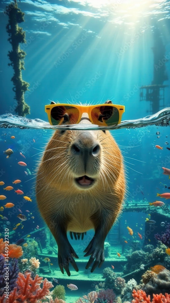 Capybara wearing yellow sunglasses underwater surrounded by colorful fish and coral in a vibrant ocean scene