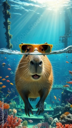 Obraz na płótnie Capybara wearing yellow sunglasses underwater surrounded by colorful fish and coral in a vibrant ocean scene w salonie